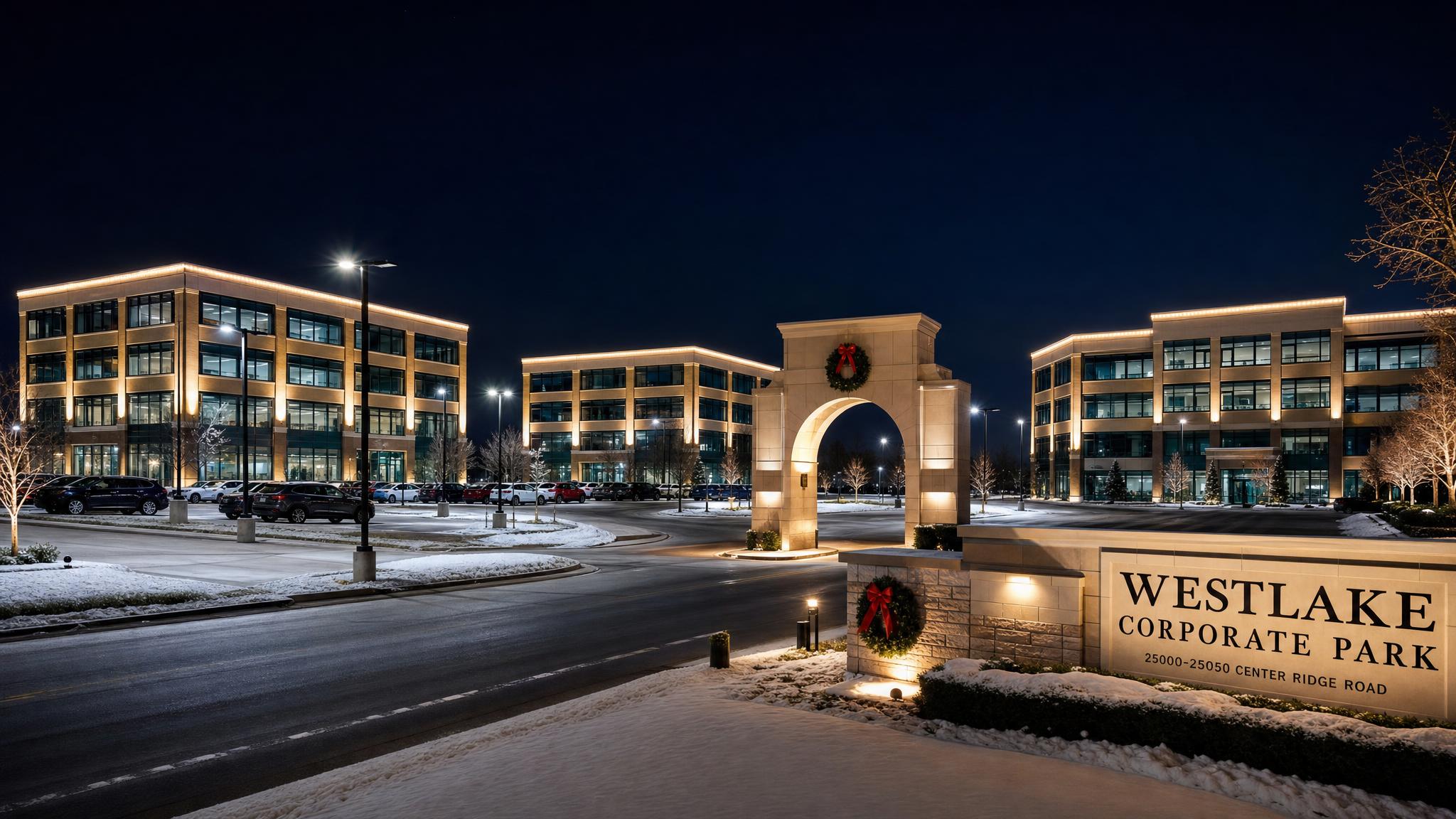 Westlake Corporate Campus Holiday Package lighting project in Westlake, OH