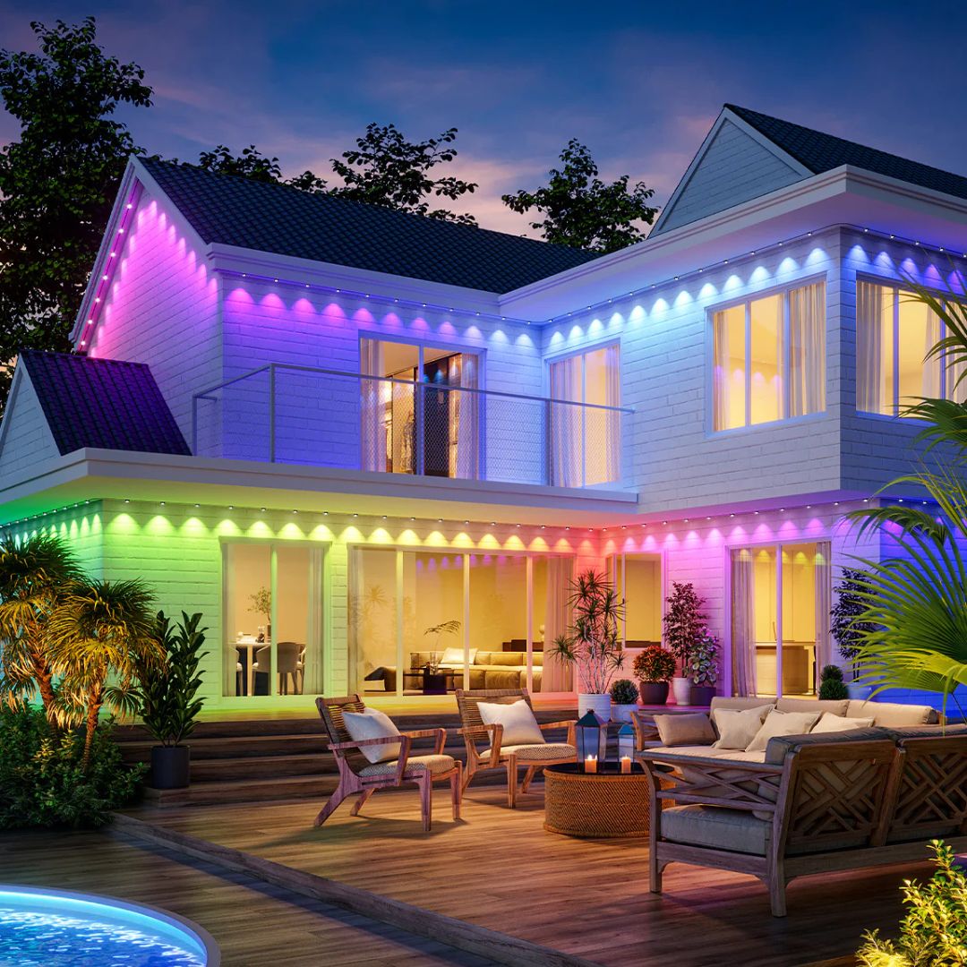 Completed permanent LED lighting system on a Northeast Ohio home, lit warm white