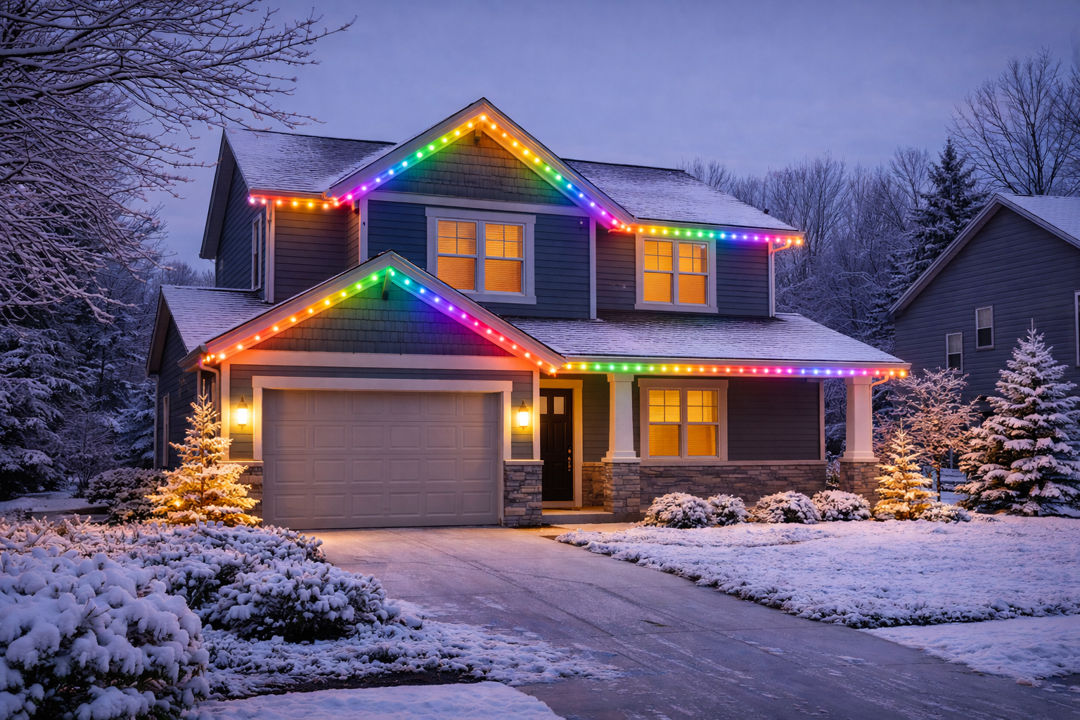 Professional roofline lighting install on a Cleveland-area home photographed after dark