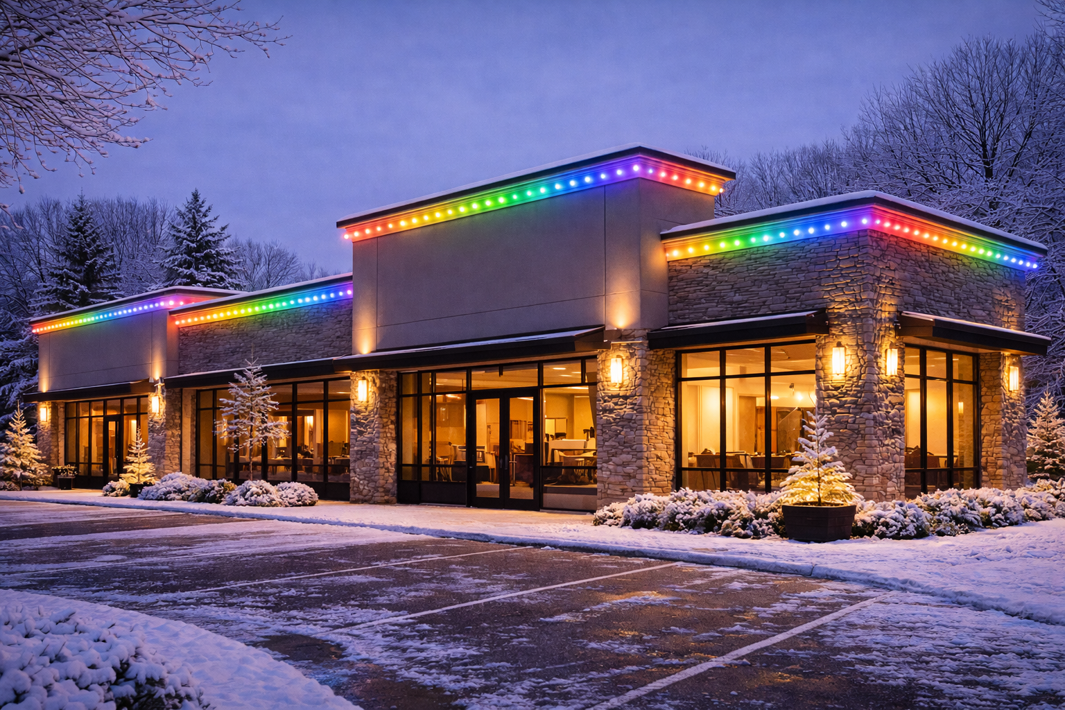 Cleveland-area home with warm-white roofline lighting glowing at twilight