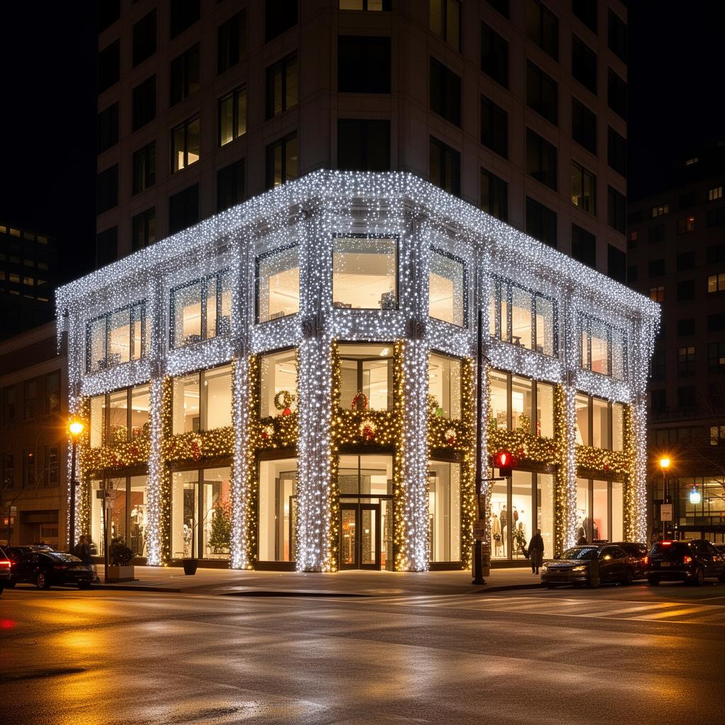 Cleveland-area commercial property lit with warm-white LED accent lighting after dark