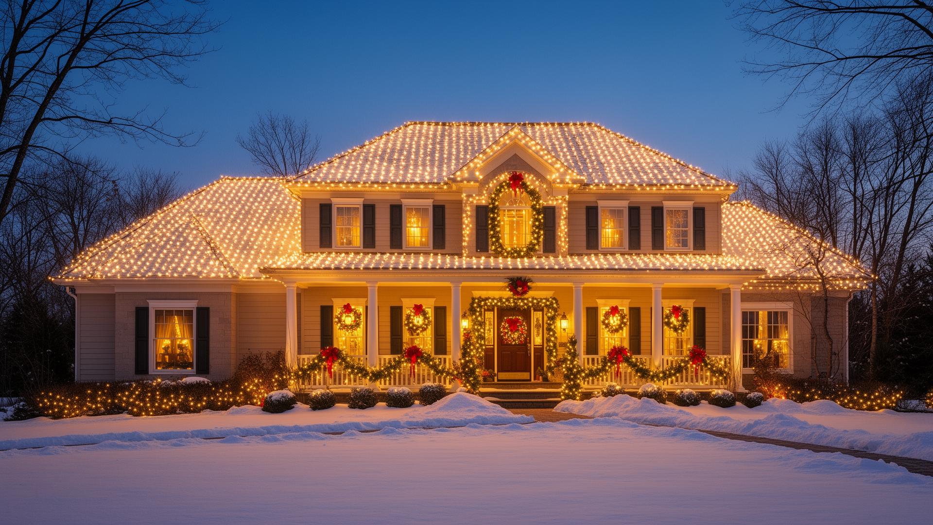 Northeast Ohio home with warm-white roofline holiday lighting glowing at twilight