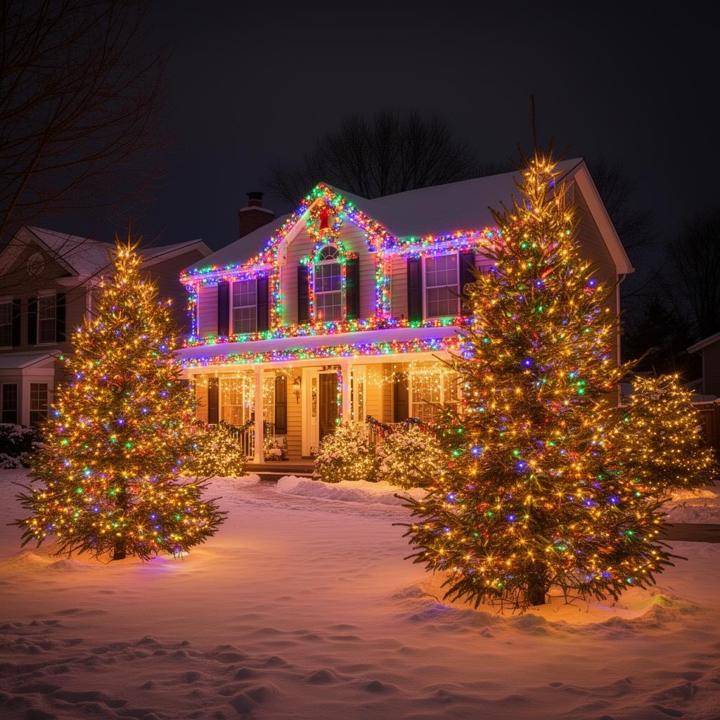 Holiday roofline and wreath lighting on a Northeast Ohio suburban home in the snow