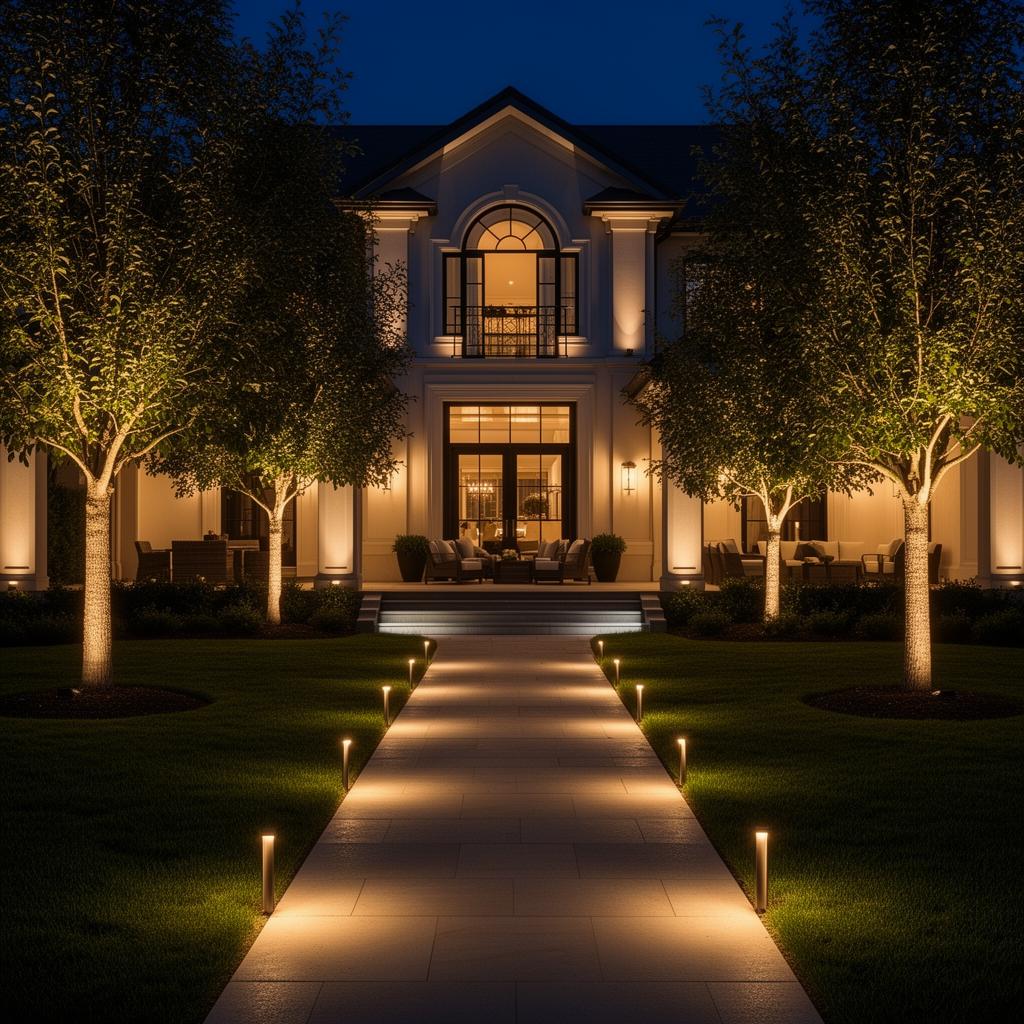 Landscape uplighting on trees and stone walkways at a Cleveland suburb residence