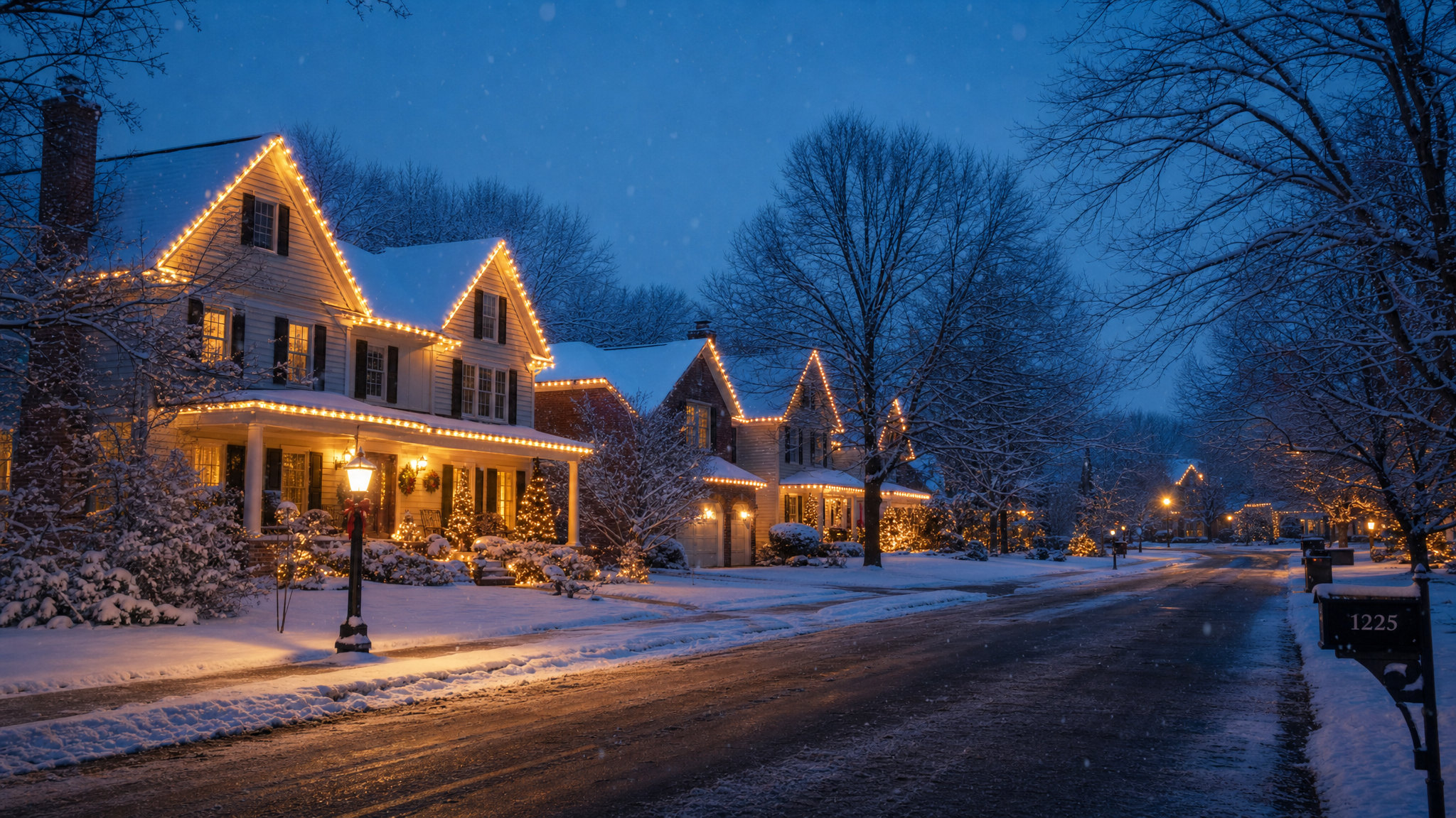 Northeast Ohio neighborhood street with holiday lighting at night