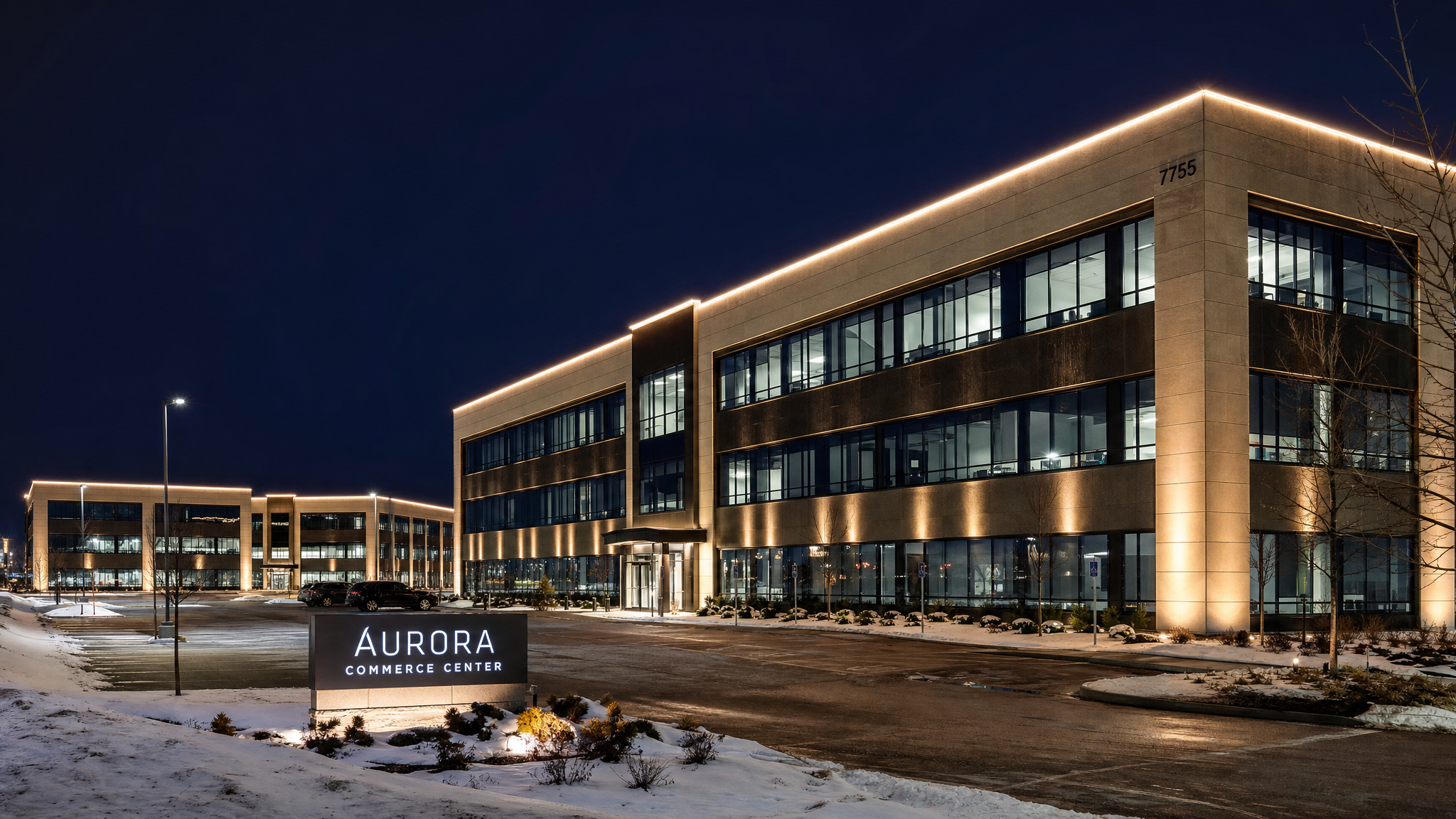 Commercial office park with professional roofline lighting at night in Northeast Ohio