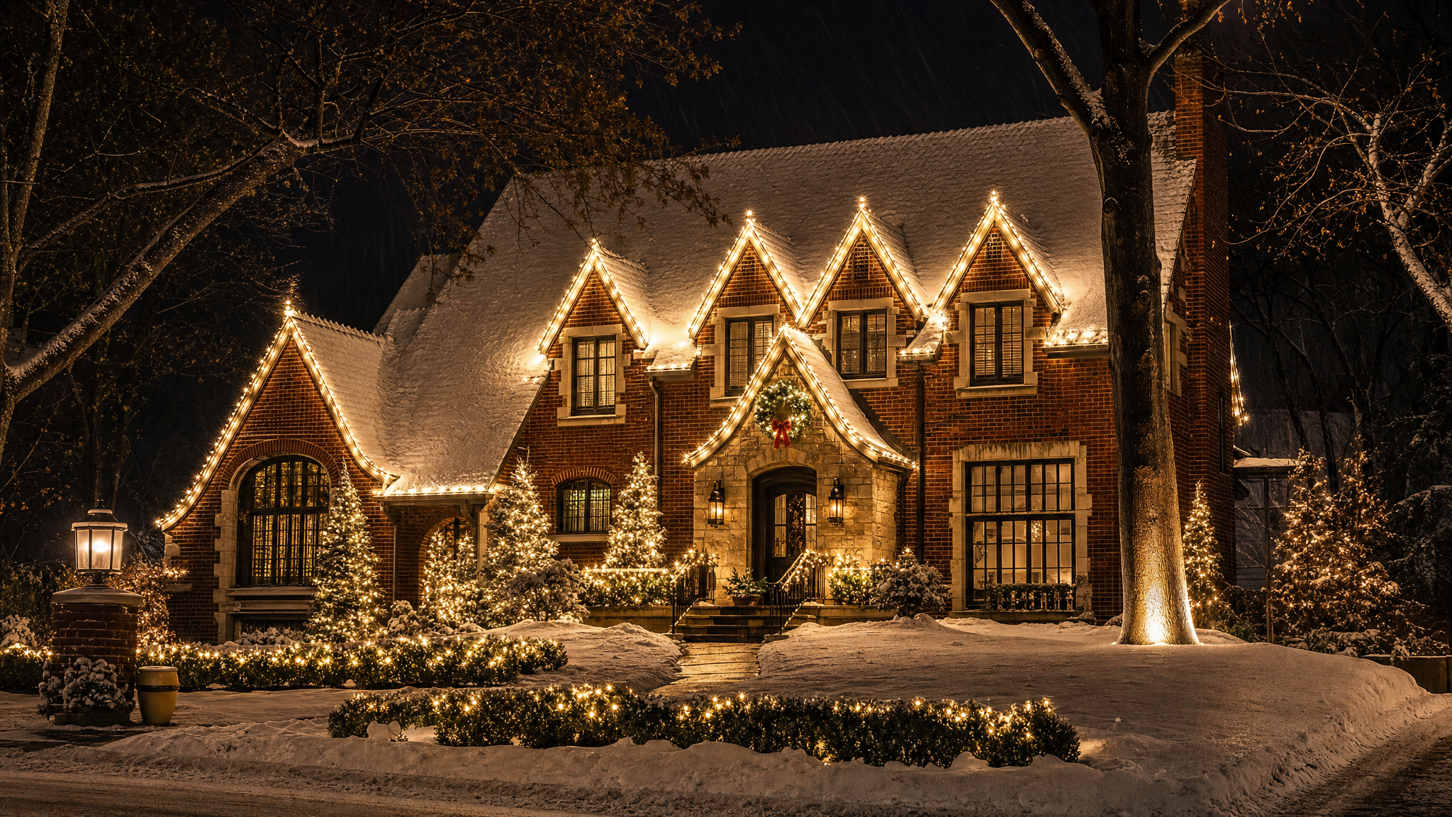 Northeast Ohio home with warm white holiday roofline and tree lighting glowing at night
