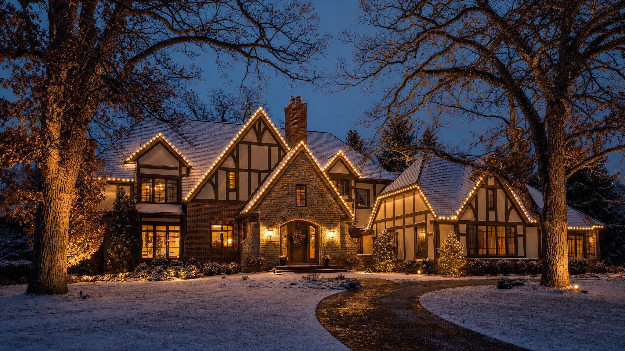 Northeast Ohio tudor home with warm holiday roofline lighting at twilight