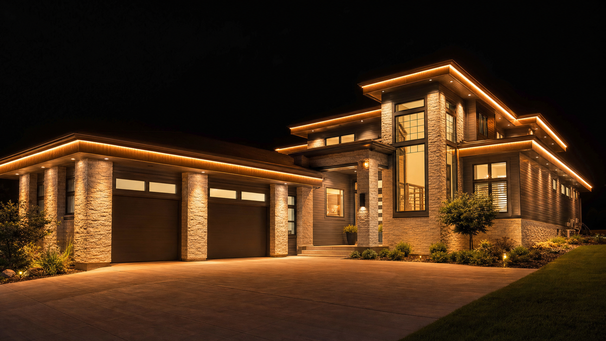 Northeast Ohio home with permanent app-controlled LED roofline lighting glowing warm at night