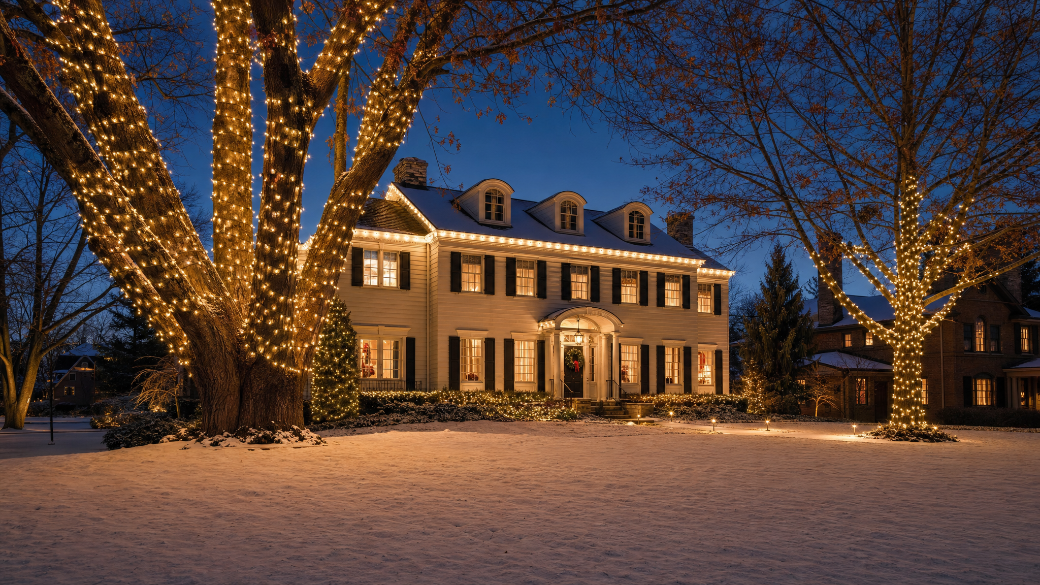 Northeast Ohio residential home with warm holiday roofline and tree lighting at dusk